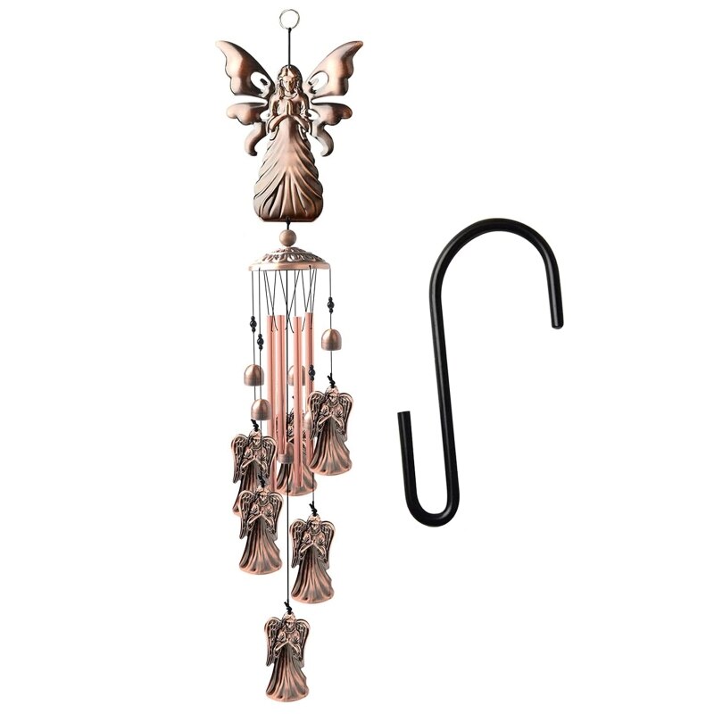 Plating Metal Angel Wind Chime and Hook Angels Wings Pipe Hanging Ornament