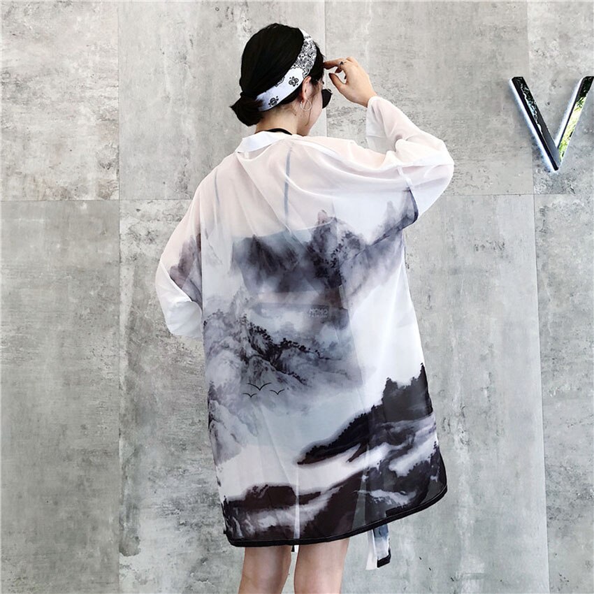 2022 Sunscreen Woman Japanese Traditional Kimono Cardigan Chinese Oriental Ink-wash Painting Thin Long Robe Coat Haori Outfits