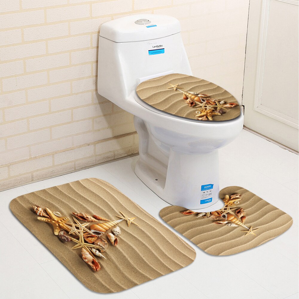 Conch Starfish Shell Shower Curtain Bathroom Curtains Non Slip Beach Style Pattern Anti-skid Carpet Toilet Lid Cover Bath Mat: D 3PCS
