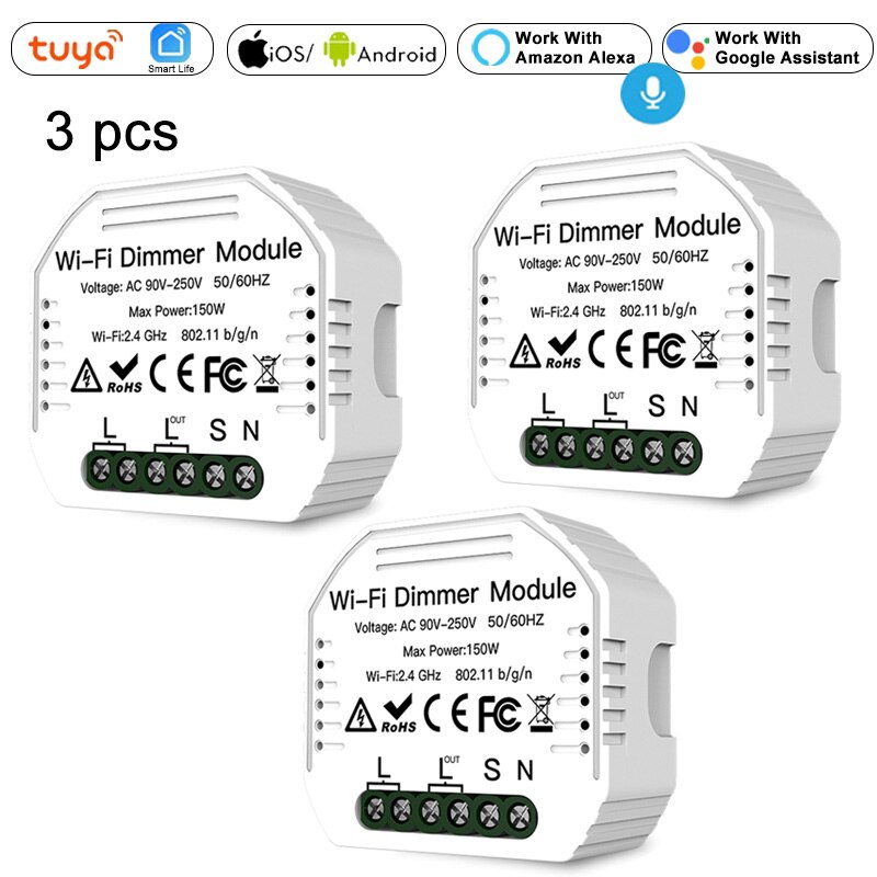 1/2 Manier Wifi Smart Dimmer Breaker Module Draadloze Tuya App Voice Control Muur Lichtschakelaar Dimmers Alexa Google Thuis: 3pcs