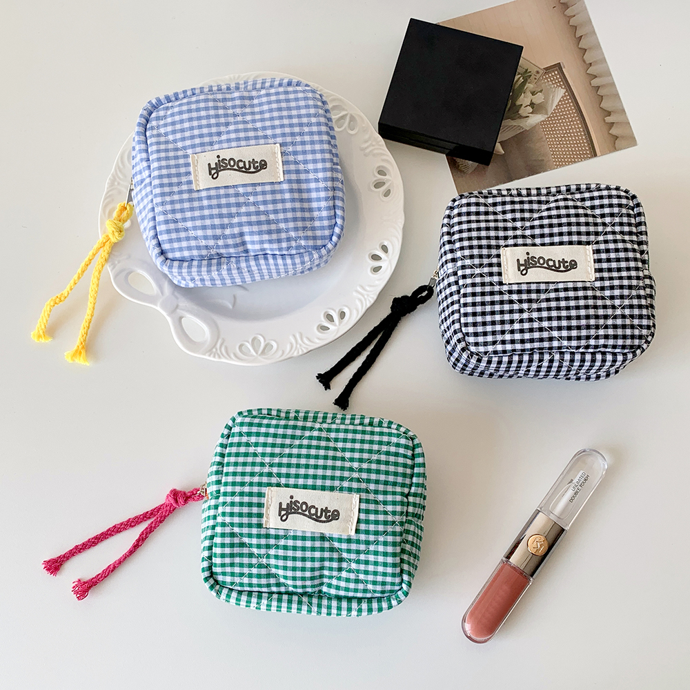 Ins Style Plaid Mini Geldbörse Tragbare Kosmetik Aufbewahrungstasche Dame Lippenstift Tasche und Kartenhalter Kawaii Tofu Kissen Tasche
