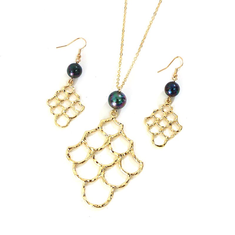 KOMi Polynesian Hawaiian Samoa Marshall Style Glass Bead Pearl Hollow Cross Heart Flower Charm Necklace Earrings Jewelry Set: K6726