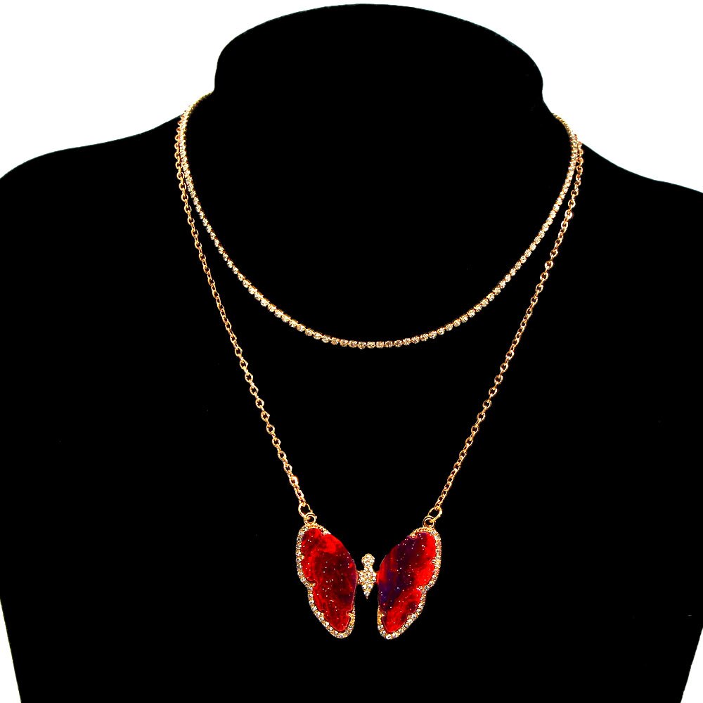 Flatfoosie Trendy Big Butterfly Crystal Pendant Necklace For Women Gold Silver Color Multi-layer Choker Necklace Hip-hop Jewelry: 030903GD