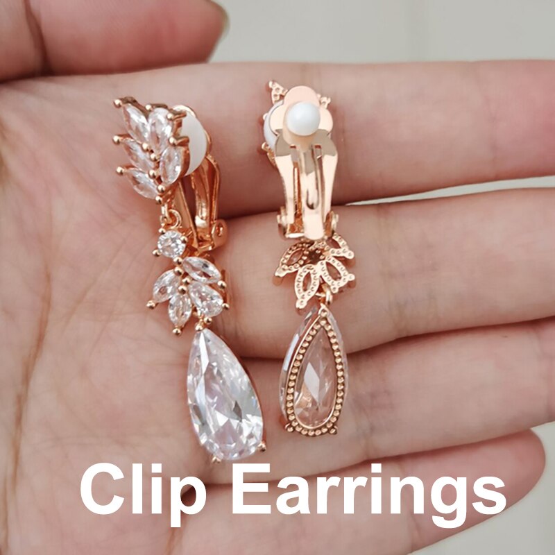 Leaf Zircon Clips Earrings for Women Silver Color Water Clip Earings Long Crystal Wedding Ear Cuff Jewelry: ClipEaring RoseGold