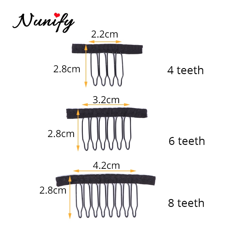 Nunify spets peruk klämmor stål 4/6/8 tand polyester slitstark tyg peruk kammar för hårstycken kepsar peruk tillbehör verktyg 24 st/lot