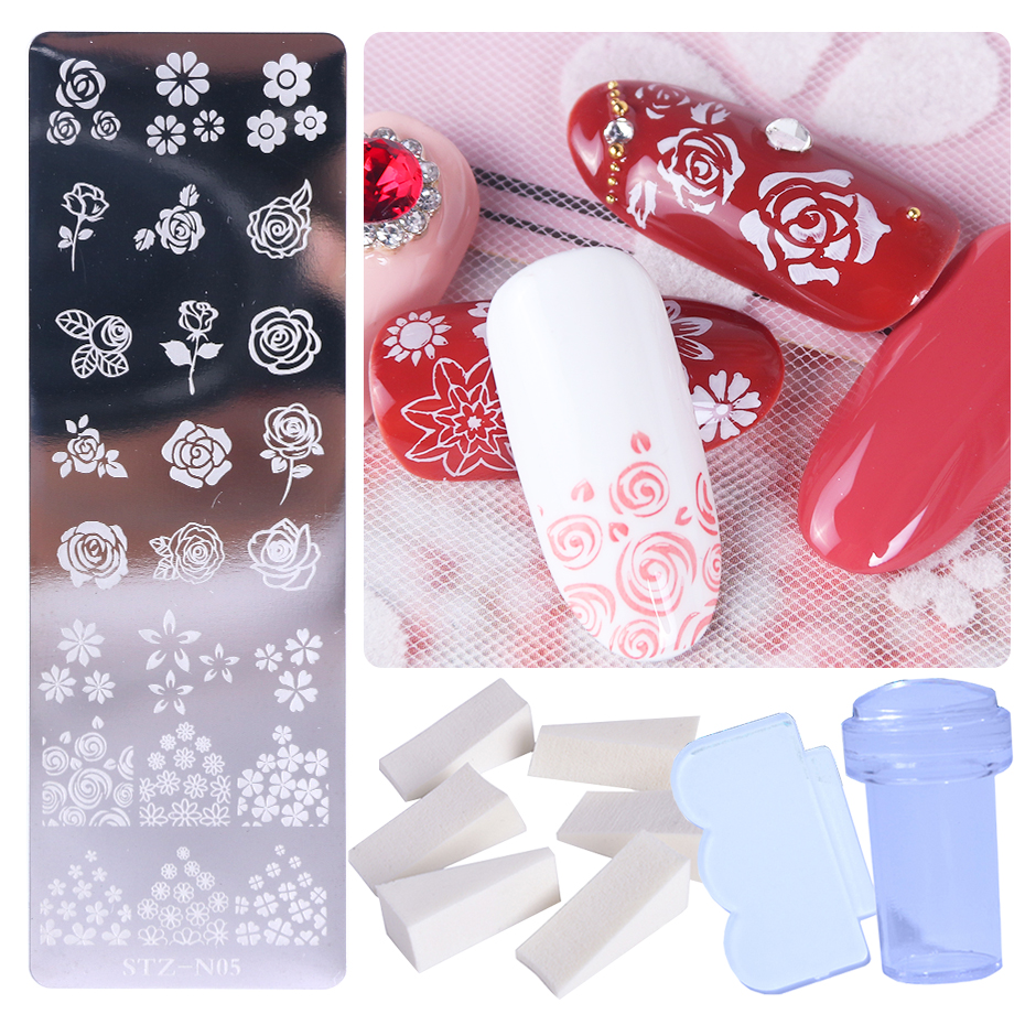 Pochoir pour ongles en dentelle, motifs de fleurs, papillons, feuilles, images d'animaux, tampons, grattoir, éponge, Kit d'outils BESTZN01-12: STZ-N05 Stamper Set