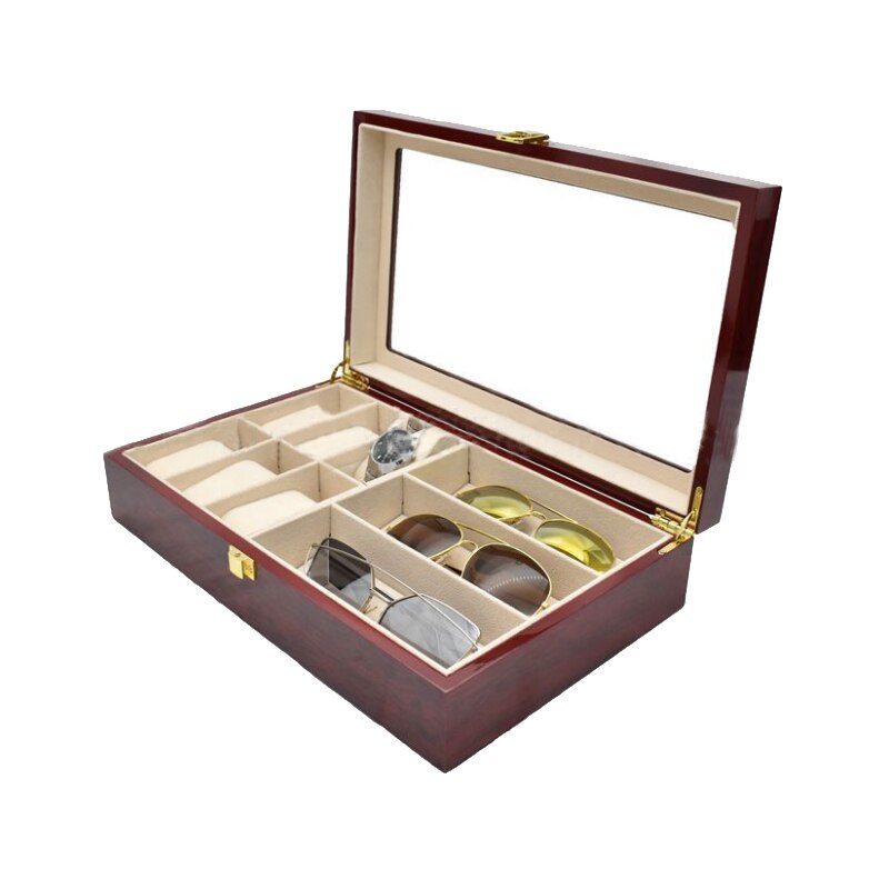 Caja de madera para reloj de lujo con 6 + 3 rejillas, caja para gafas, caja organizadora para joyería, caja de joyería para ver la caja