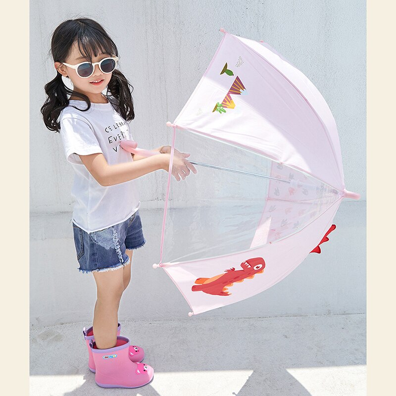 YADA-paraguas semiautomático para niños, sombrilla plegable transparente con patrón de dinosaurio encantador, para lluvia, ,