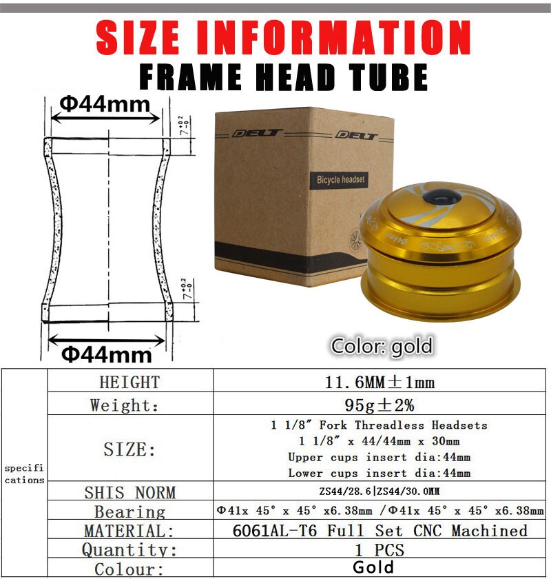 DH FR-piñón fijo para bicicleta de montaña, sin rosca, 44x28,6mm (1-1/8 "), 2 rodamientos, accesorios dorados: Gold