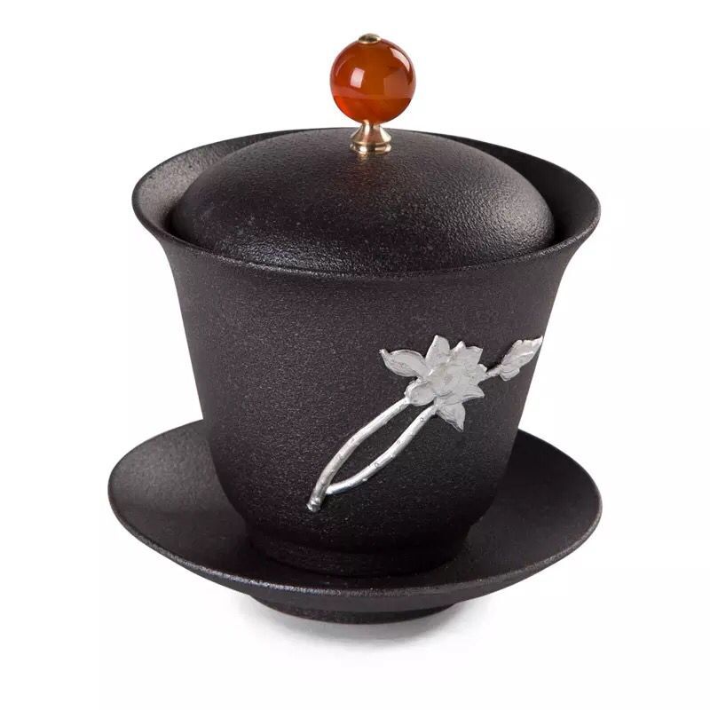 130ml japansk stil vintage gaiwan keramik svart grov keramik silverinläggning teskål med lock fat kit hem dryck: C