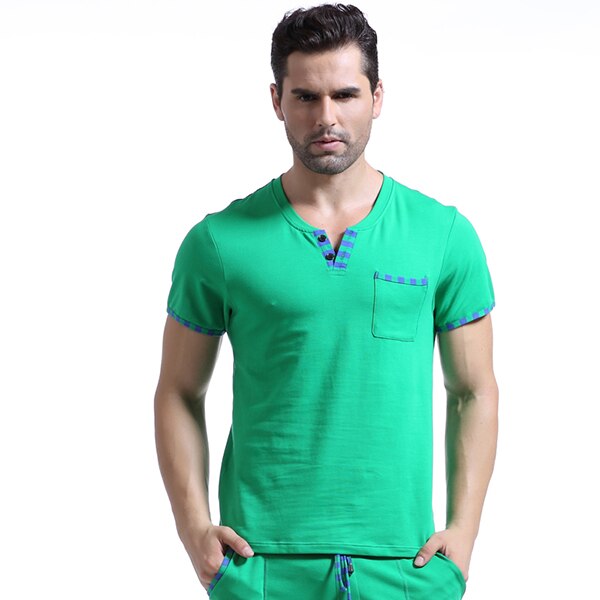 WJ Brand Man Home Leisure Clothes Mens Sexy Cotton Skinny Night Shirts Short Sleeves Sleeping Tops: Green   / M