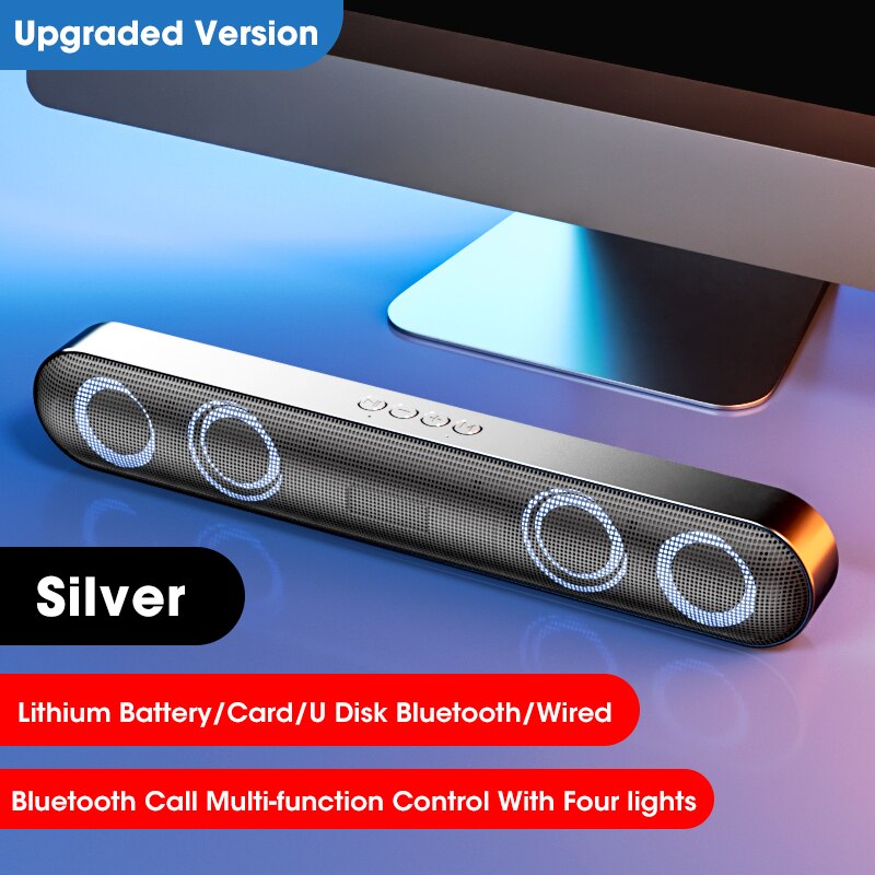 Bluetooth 5.0 Home Loudspeaker Box 360° Surround 6D Soundbar Speakers Stereo Subwoofer Sound Bar for PC Laptop Cool Lights Mode: silver 1