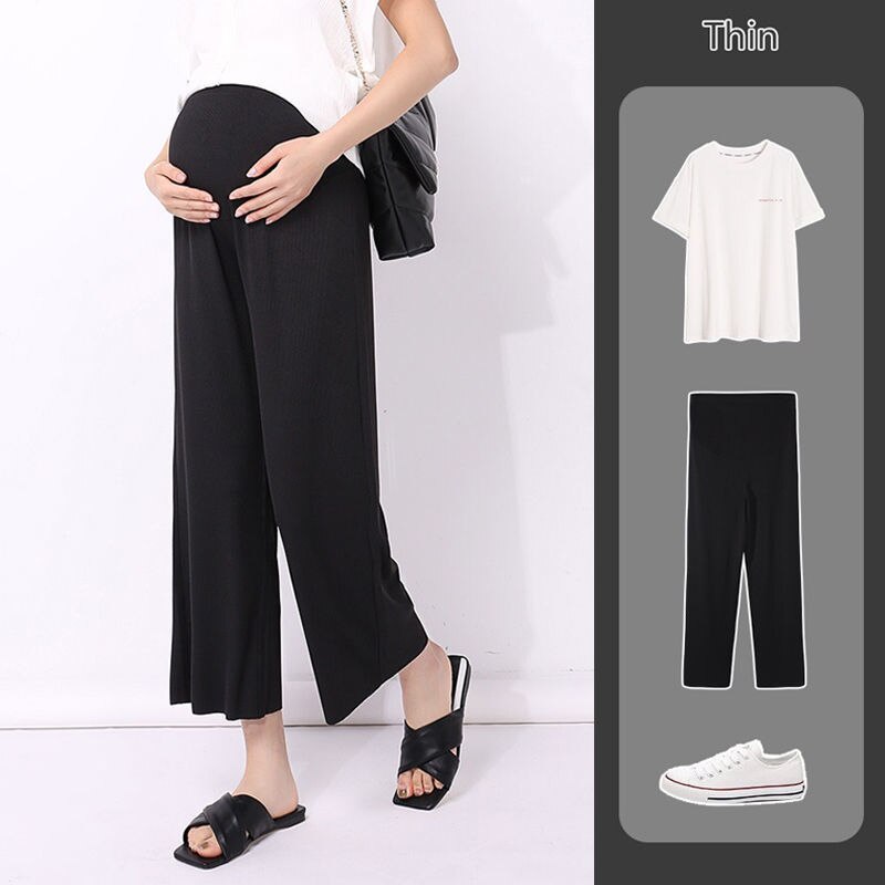 Pantalones de maternidad para mujeres embarazadas, ropa de vientre de sección delgada, suelta, informal, de pierna ancha, de nueve puntos