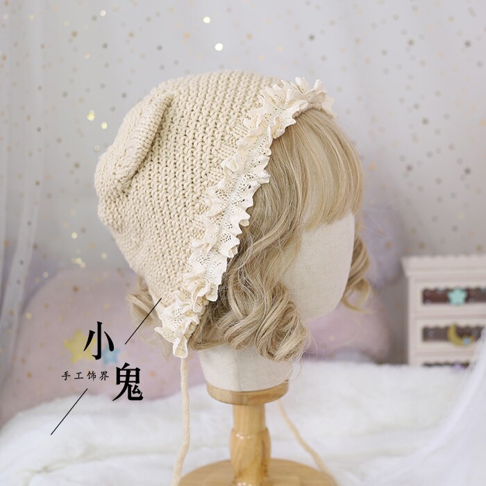 Lindo gato japonés orejas Lolita suave hermana gorro lana gorro niñas Otoño Invierno Kawaii sombrero de encaje atado cálido sombrero hecho a mano tocado: Beige