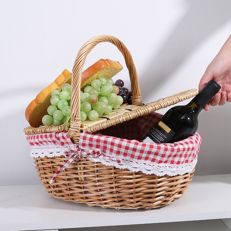 Panier de pique-nique en osier de Style campagnard, panier avec couvercle, poignée et doublure, pour les pique-niques, les fêtes et les barbecues