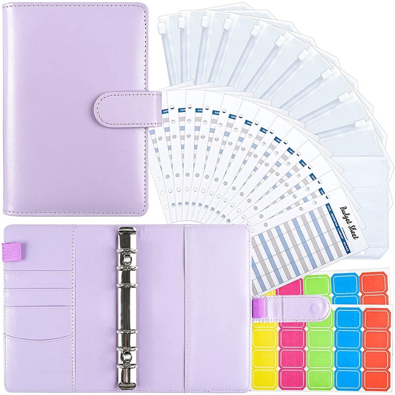 A6 Pu Lederen Bindmiddel Cover Met Bindmiddel Zakken, Kosten Budget Lakens En Labels Voor Budget Organizer Enveloppen: Paars