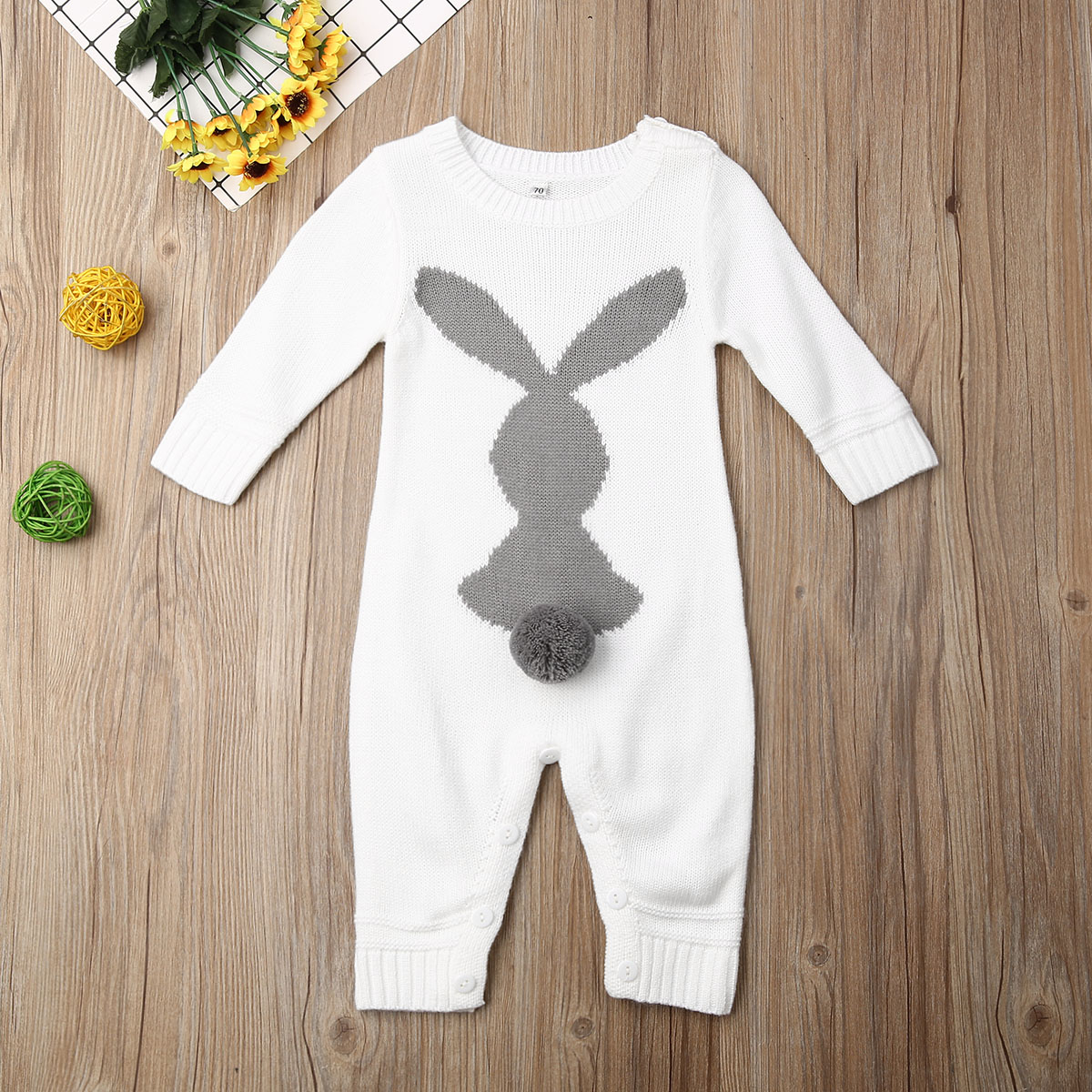 Baby Autumn Winter Clothing Newborn Baby Boy Girl Bunny Knitted Wool Romper Long Sleeve Warm Bunny Print Playsuit Outfit