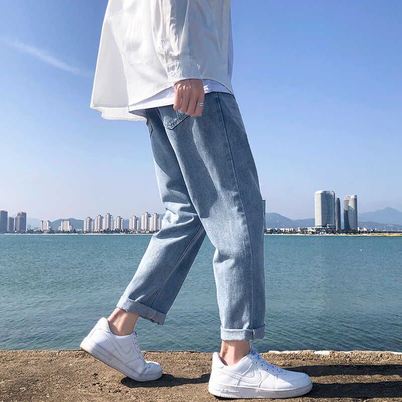 Menn jeans solid denim pluss størrelse 3xl løs koreansk stil retro fritid chic studenter herrebukser enkel all-match vår: Lyse blå / Xxl