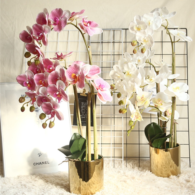 Orquídeas de látex con estampado 3D grandes, flores artificiales blancas, sensación de Orquídea de simulación a mano, flores para decoración de boda y hogar