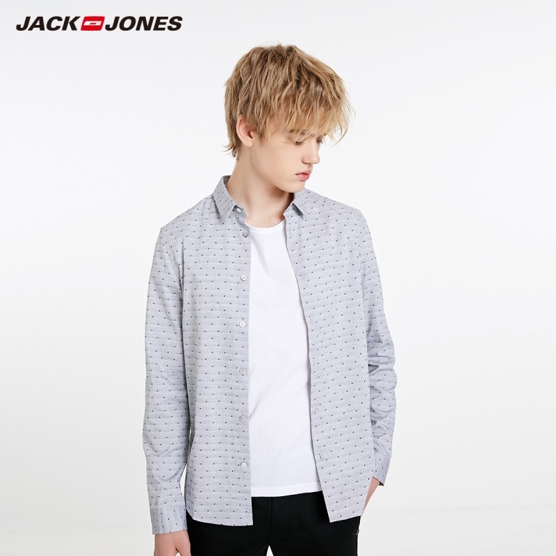 JackJones Men's Slim Fit Basic 100% Cotton Jacquard Long-sleeved Shirt Menswear| 219105578