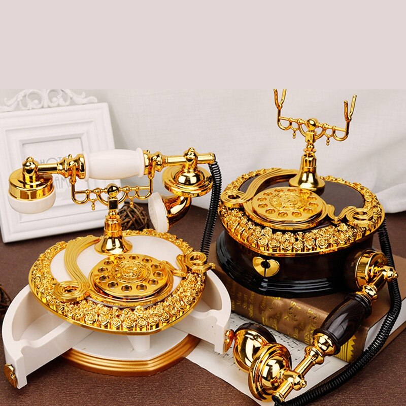 Retro Heart Shaped Telephone Model Music Box Birthday Home Ornament Decoration Antique Carved Wooden Hand Crank Music Box