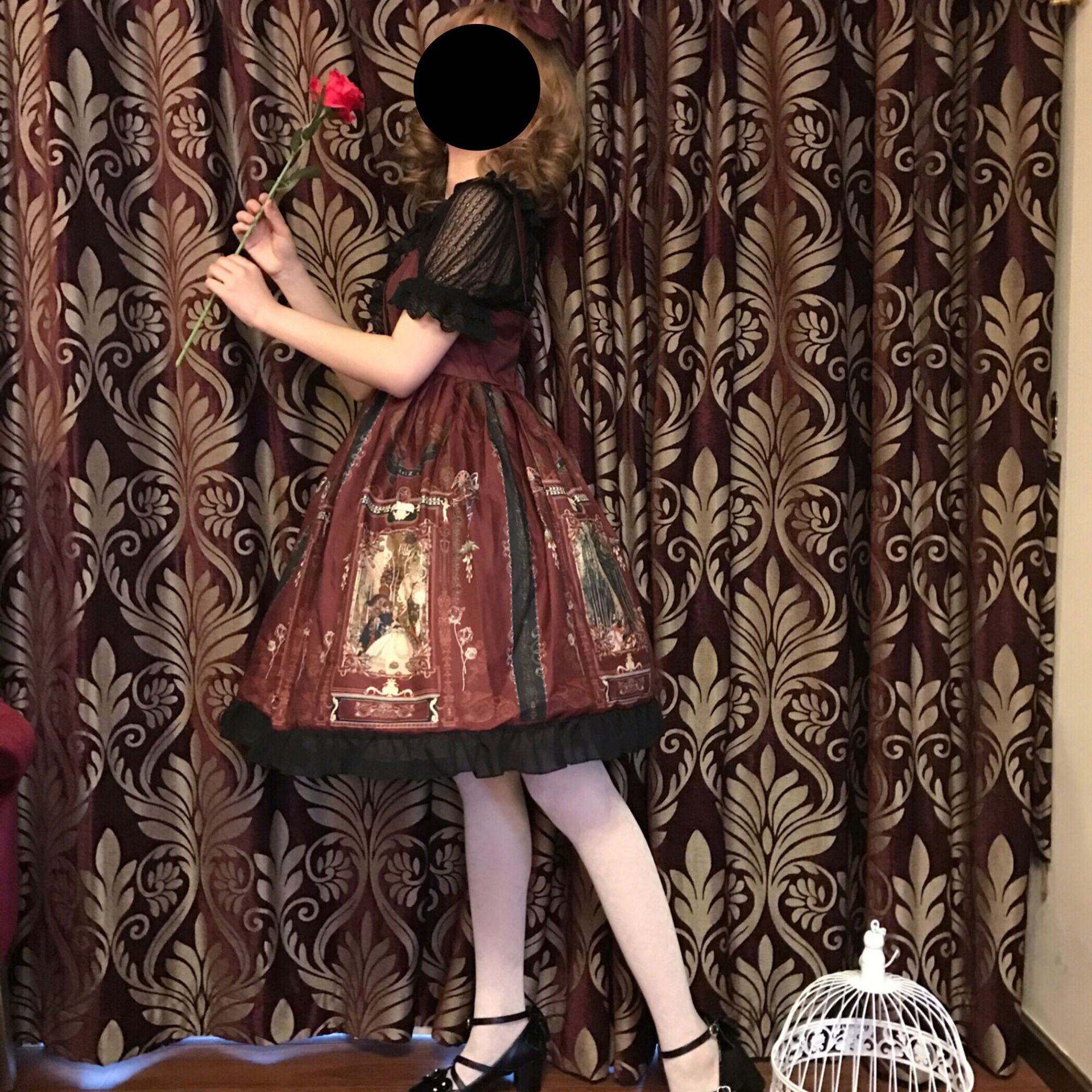 Gootti lolita mekko nainen vintage kawaii sifonki palatsi prinsessajuhla lyhty hihassa painettu söpöt cosplay-asut: Punaviini / S