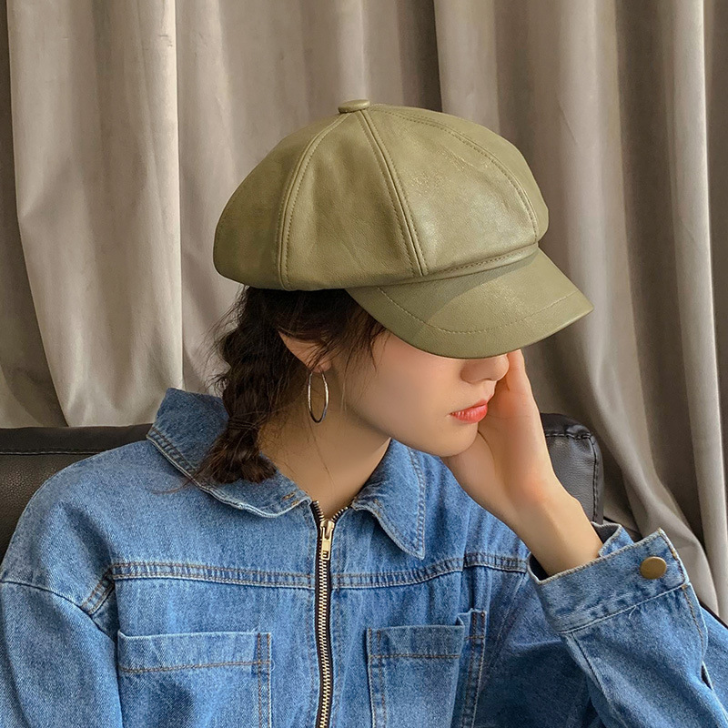 Groene Winter Achthoekige Cap Meisjes Baret Hoeden Voor Vrouwen Hoeden Krantenverkoper Cap Vrouwelijke Britse stijl PU Lederen Baretten Hoed voor straat