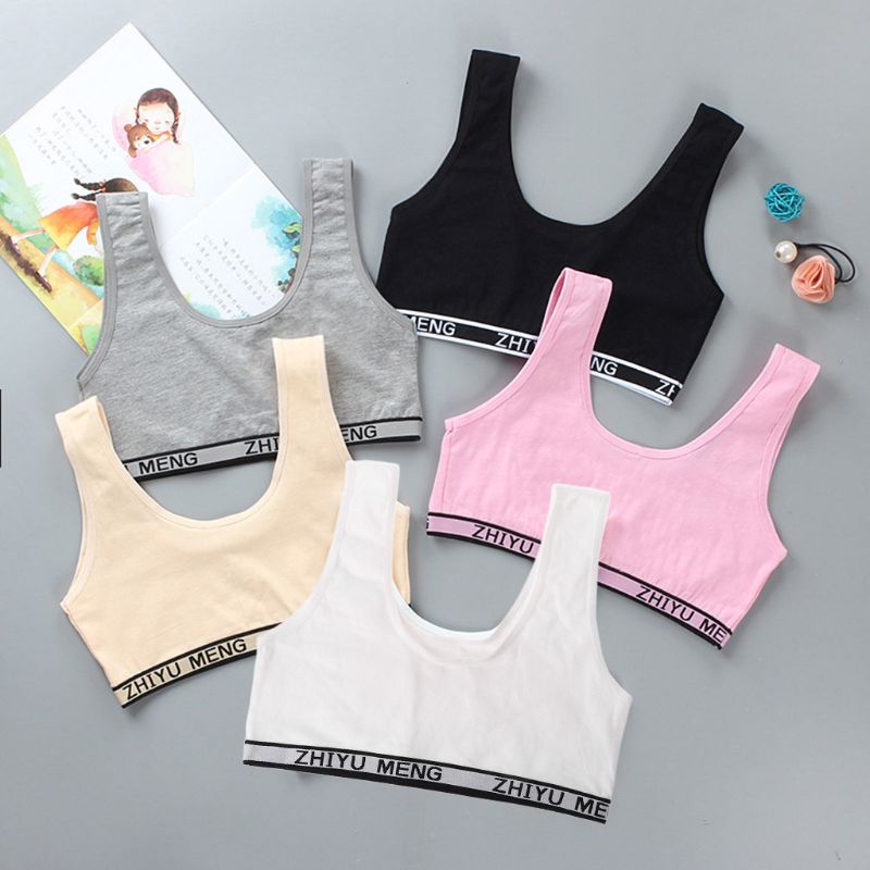 Kids Cotton Sports Training Bra Underwear Solid Color Letters Printed Scoop Neckline Teenage Puberty Girl Wireless Bralette Vest