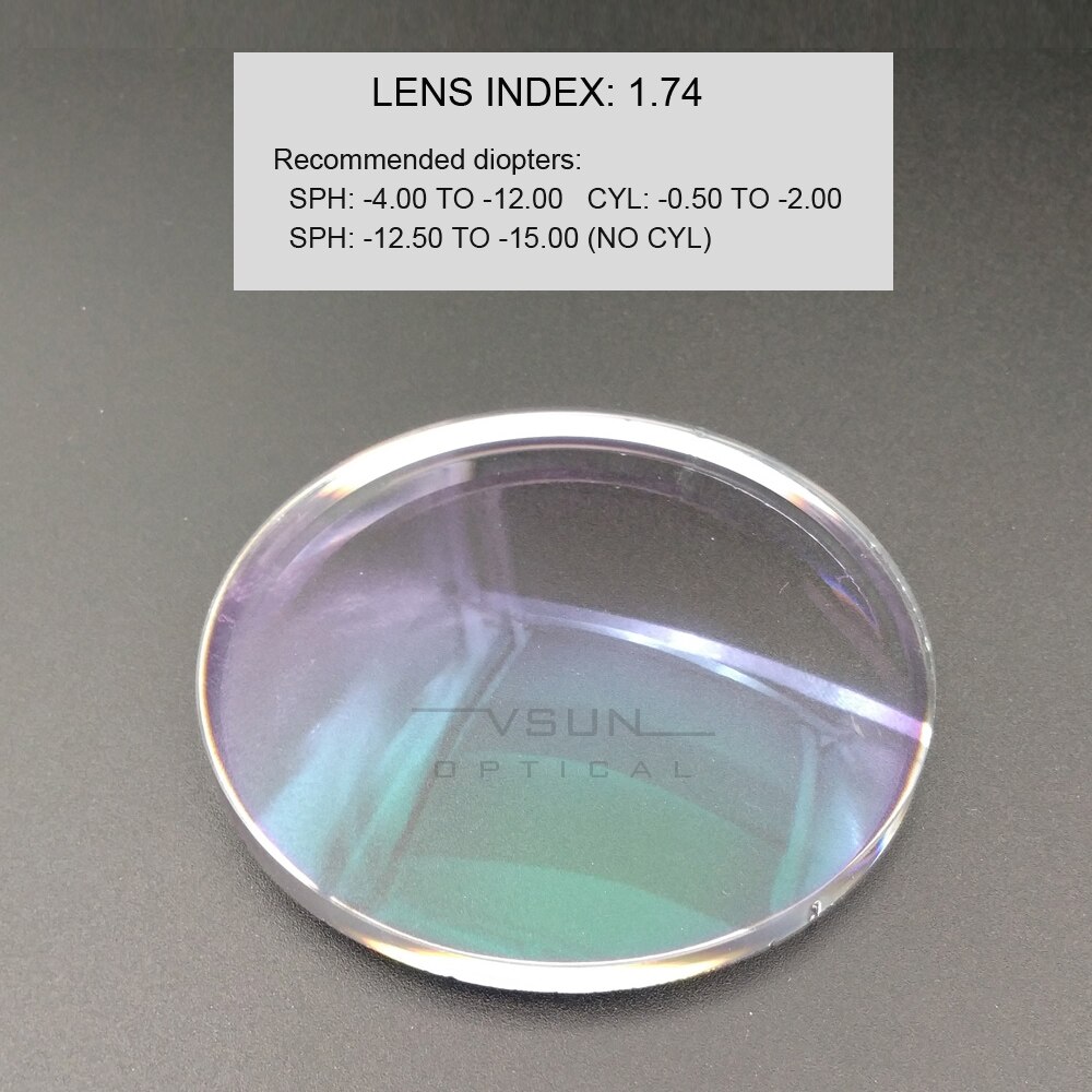 Vsun Optical Glasses Aspheric Prescription Lenses for Myopia/Hyperopia/Presbyopia Diopter Eyewear MR-7 Resin Lens Green Coating: 1.74