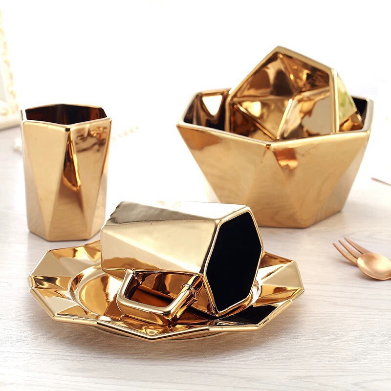 Ceramic Plate Bowl Cup Mug Europe Plating Golden for Dinner Breakfast Hotel Salad Bowls plates