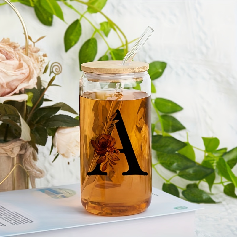 Alphabet Flowers Drinking Glass Letter A-Z Iced Coffee Water Juice Bottle Portable Clear Cup with Lid Straw Brush Birthday
