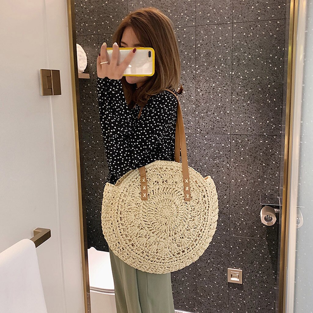 20# Summer Beach Large Capacity Bags Women's Retro Woven Shoulder Bag Floral Handbag Woven Bag Ladies Beach Straw Bags: B