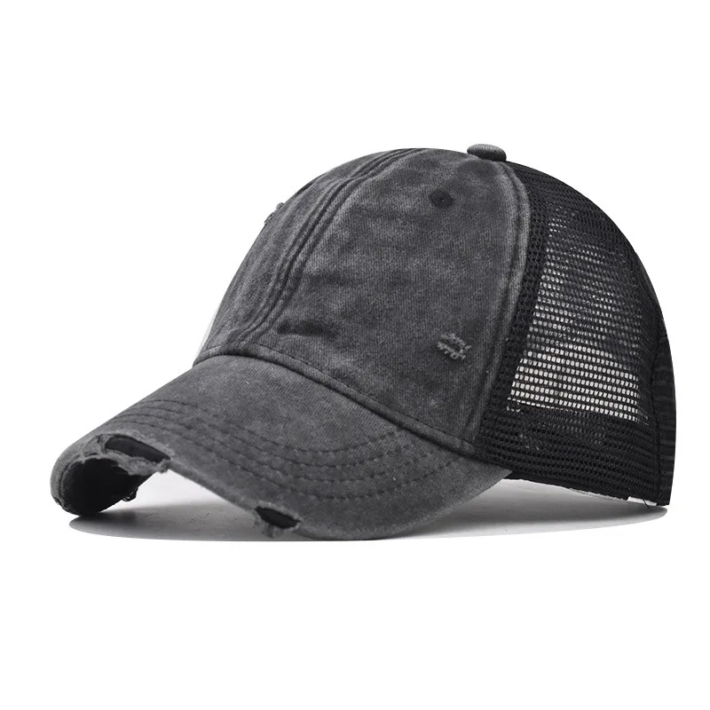 Gorra de béisbol lavada de malla de algodón transpirable para hombre y mujer, gorra de tabla ligera rasgada antigua, sombrero Vintage de primavera y verano: Rojo
