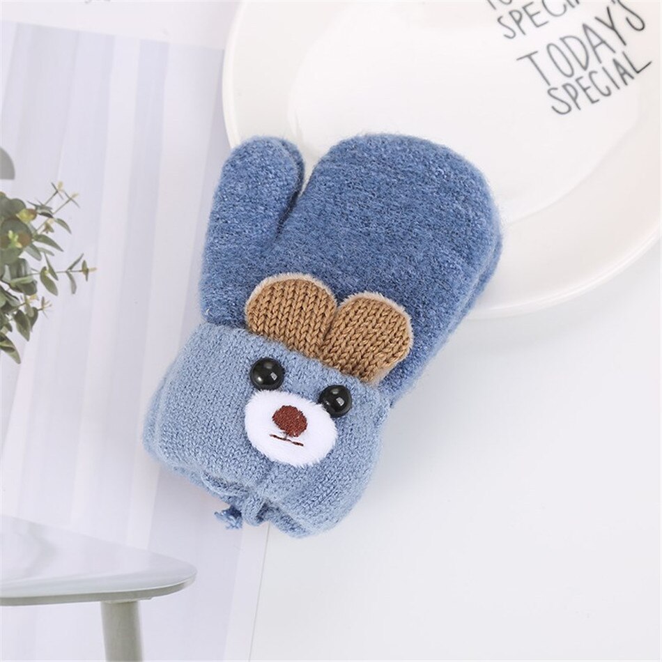 Warmom Cute Ear Bear Cartoon guanti per bambini inverno lavorato a maglia lana doppio strato più velluto guanti caldi spessi guanti per bambini per 0-3Y: Blu