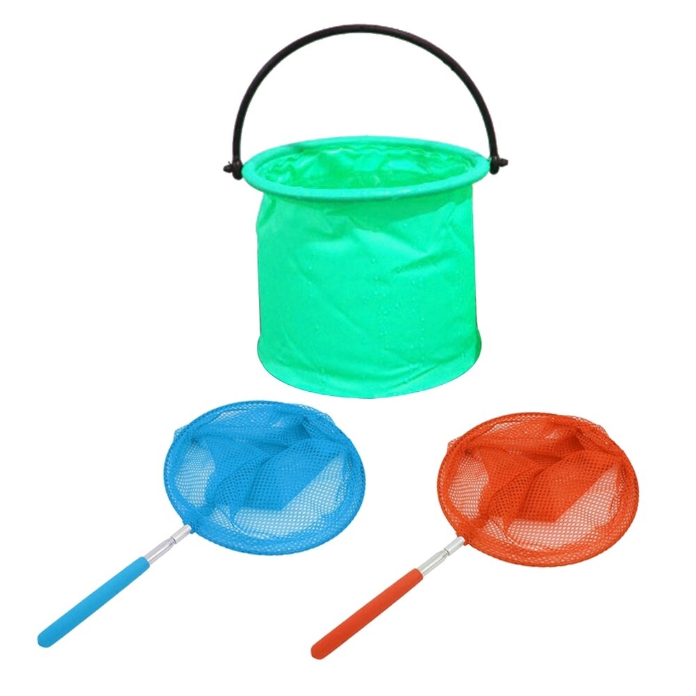 3PCS Children's Fishing Nets and Catching Insects Stainless Steel Telescopic Nets(Orange + Light Blue + Green Folding Bucket)