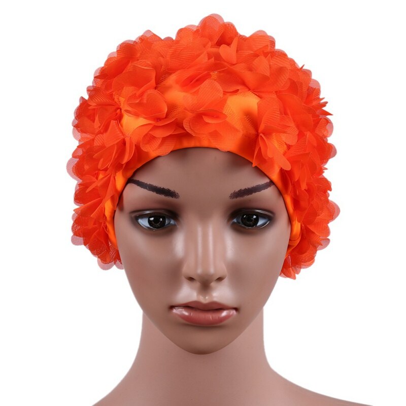 Swimming Cap Women Floral Elastic Breathable Padding Bathing Long Hair Hat Quick Dry wear Sports Accessories: Orange