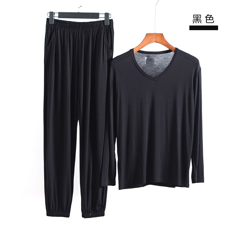 FZSLCYIYI Men's Modal Cotton Long Sleeve Pajamas Set with Long Pant Two-piece Pajama Suit men homewear Sleepwear Loungewear: black / L