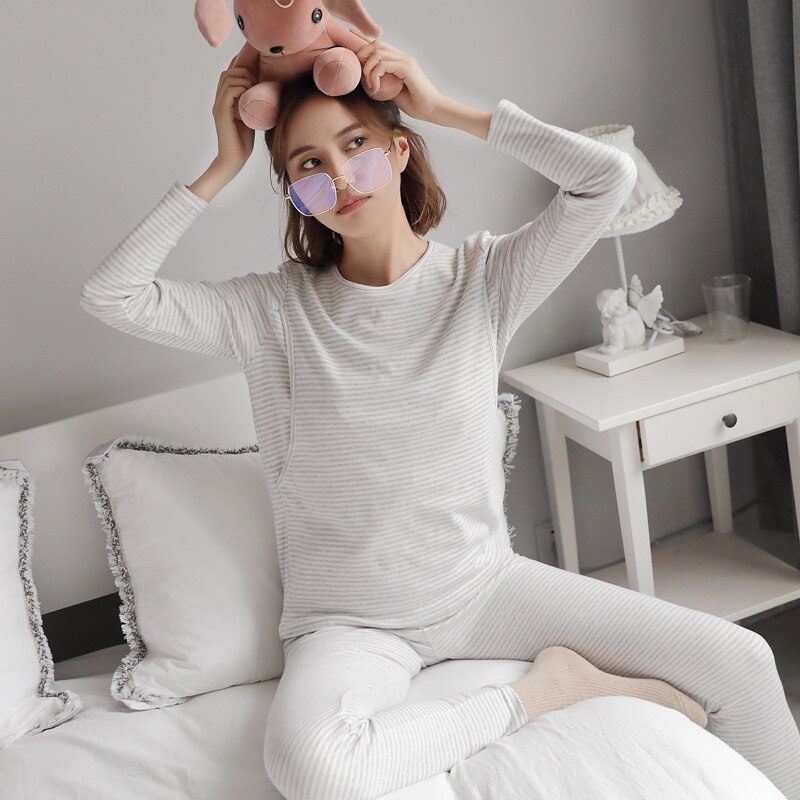Costume de maternité 100% coton à manches longues, pantalon ample, vêtements d&#39;allaitement, pyjama d&#39;hiver doux et , post-partum