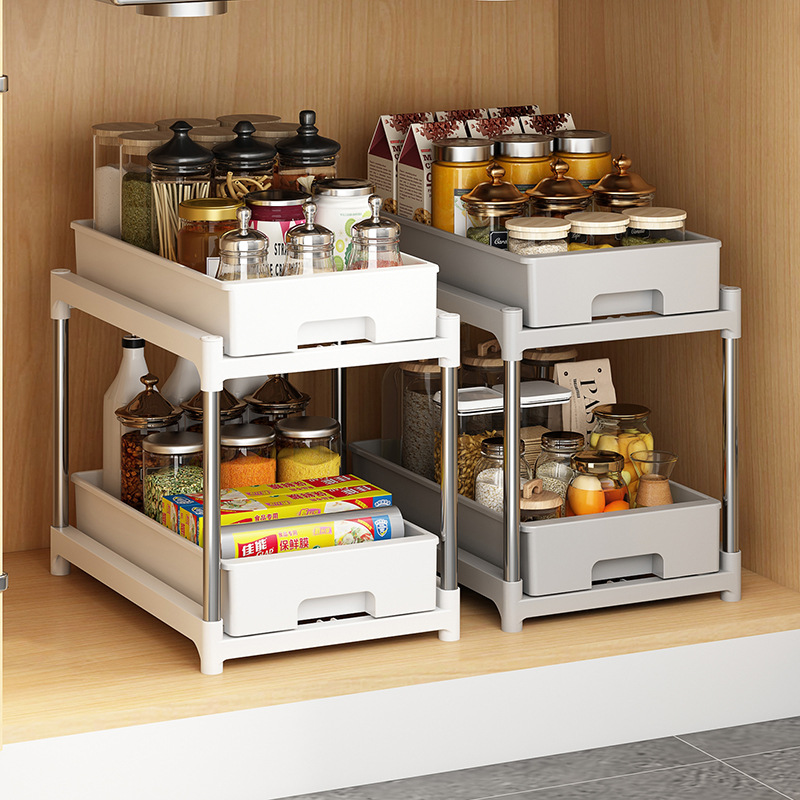 Estante de almacenamiento para encimera de cocina, cajones deslizantes de acero inoxidable, bandeja de armario, caja de especias, organizador debajo del fregadero