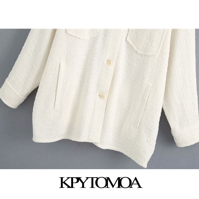 Kpytomoa kvinner med lommer overdimensjonert tweed jakke kåpe årgang langermet knapp-opp kvinnelige yttertøy elegante topper