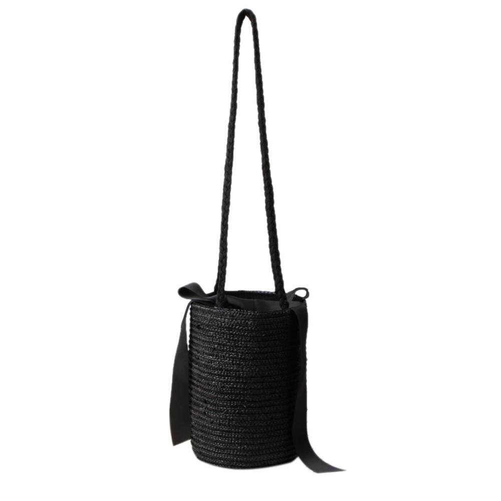 A forma di secchio Borsa di Paglia Carino Fiore Lavorato A Maglia Spiaggia di Stoccaggio Borsa di Paglia Messenger Borsoni Moda Tessuto Borse a Spalla: Black