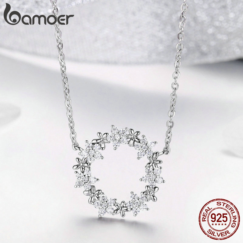 BAMOER 925 Sterling Silver Shining Stackable Star Round Shape Pendants Necklaces Women Wedding Jewelry Collar BSN028