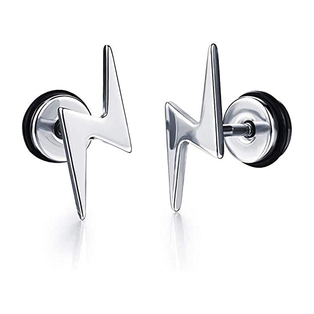 1 paar Mens Kühlen Blitz Förmigen Zucht Ohrringe und Schwarz Tonne Edelstahl Zubehör: Silber-
