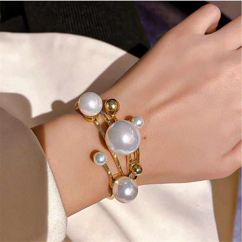 Fyuan Grote Parel Manchet Armband Voor Vrouwen Geometrische Gouden Bal Armbanden &amp; Bangles Bruiloften Party Sieraden