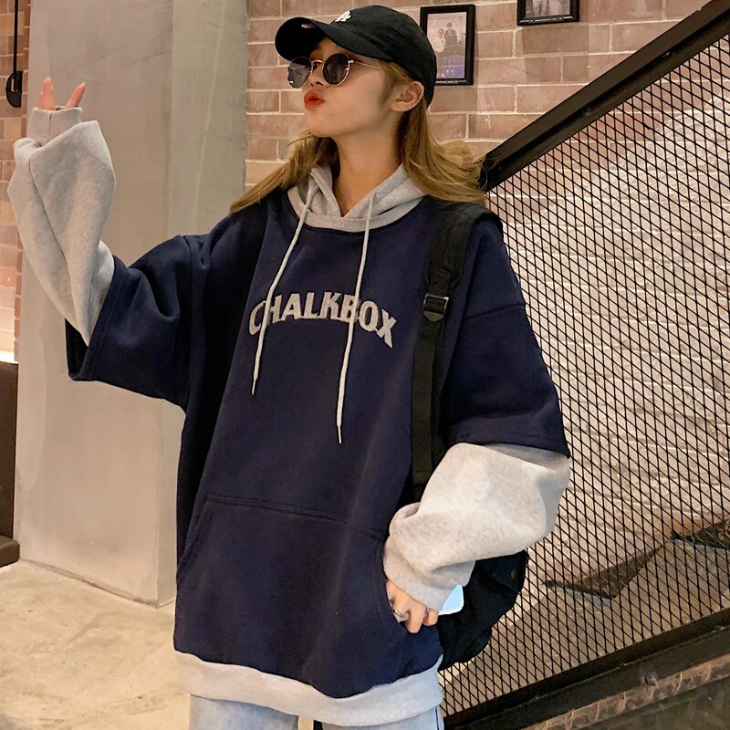 Hoodies Women Aesthetic Thicker Korean BF Ulzzang Embroidery Letter Long Loose Pullovers Hooded Warm Students Daily Womens