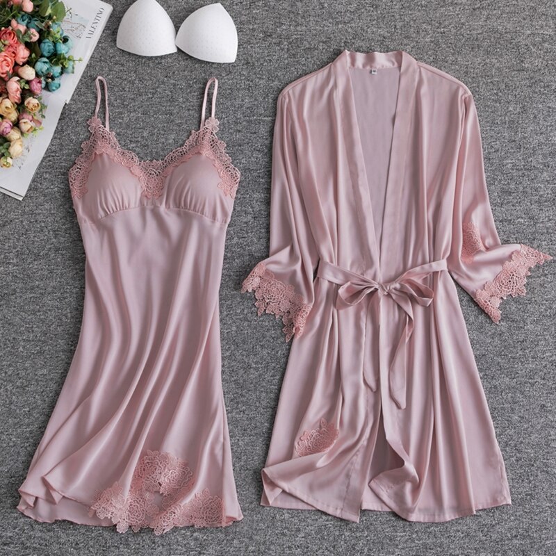 Pink Silk Rayon Nighty&amp;Robe Set Nightgown Sexy Lace Wedding Robe Sleepwear Spring Summer Kimono Bathrobe Gown Loose Home Dress: Pink Robe Set B / M