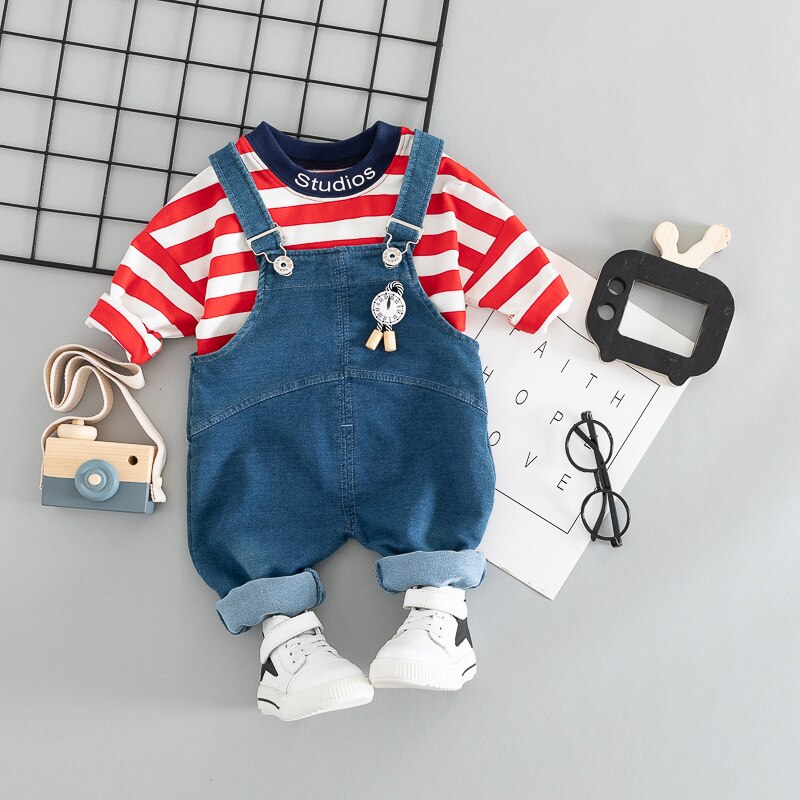 Lzh spädbarnskläder höst vinter baby pojkar kläder kostym för baby kostym randig t-shirt overall 2 st set nyfödd kläder: Röd / 9m