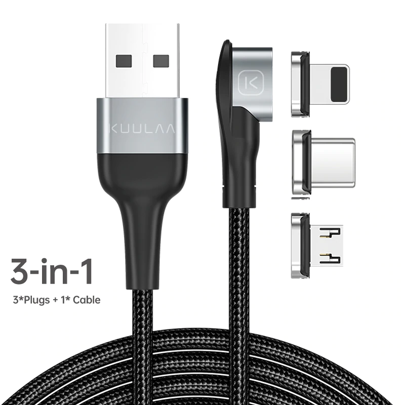 Kuulaa magnetische oplaadkabel usb type c micro-oplaadkabel voor iphone 12 11 samsung huawei xiaomi snellaadkabel usb-kabel: 3 in 1 zwart