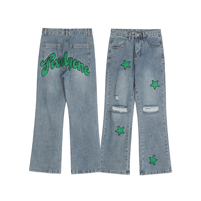 Pu wyszywane litery poszarpane dziury proste dżinsy dla mężczyzn główna ulica myte retro łączone dorywczo spodnie jeansowe luźne ponadgabarytowe: asianXL