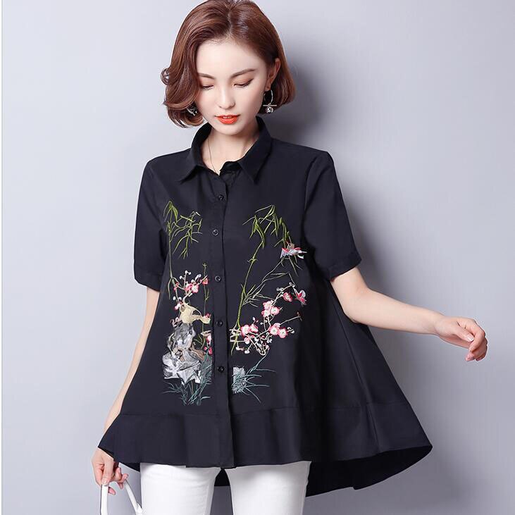 été nouvelle chemise ample revers Code femmes fleur chemise broderie coton maternité chemise